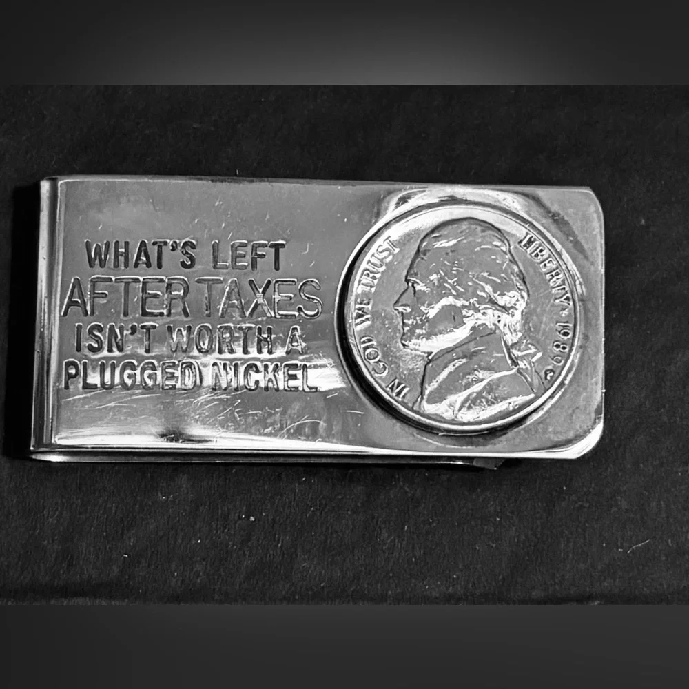 Estate, Silver tone Money Clip “What’s Left After Taxes” Good Condition